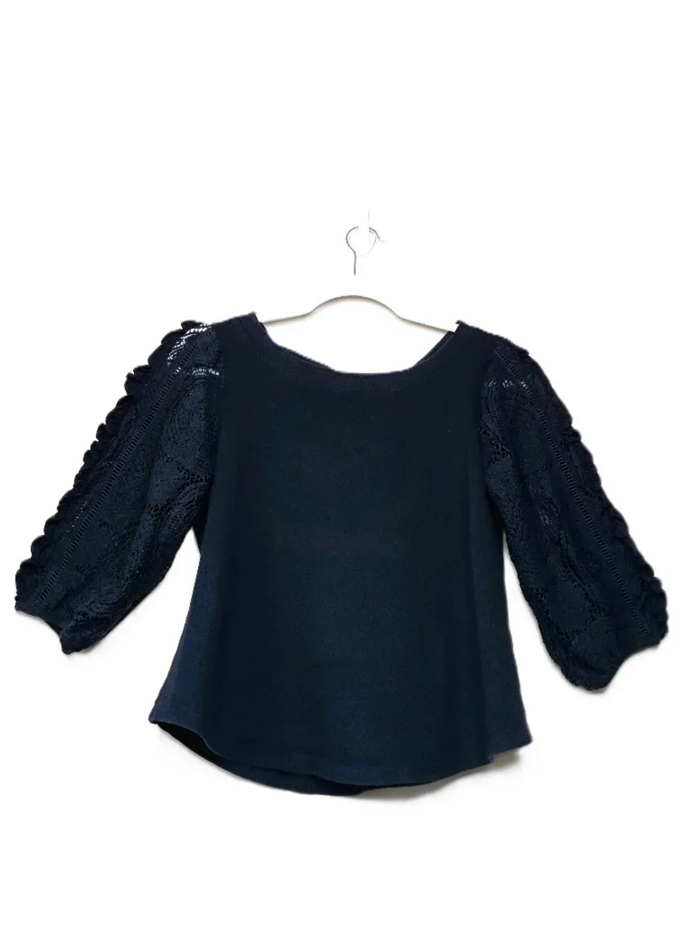 Anthropologie Boho Top Lace Open Work 3/4 Puff Sleeves Black